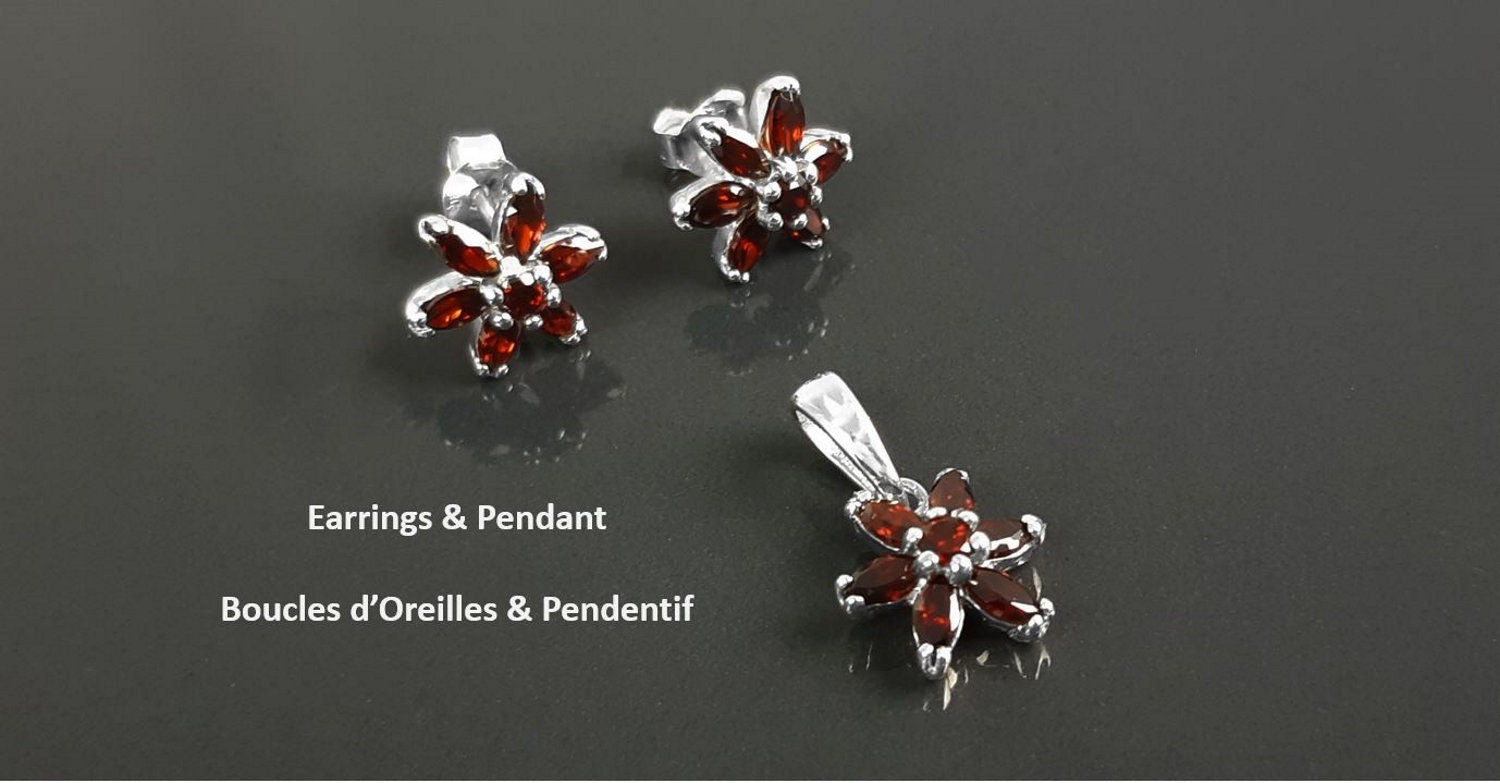 Red Flower Earrings, Sterling Silver Dainty Stud Earrings, Garnet Cubic Zircons, Tiny Floral jewelry, Gift for her