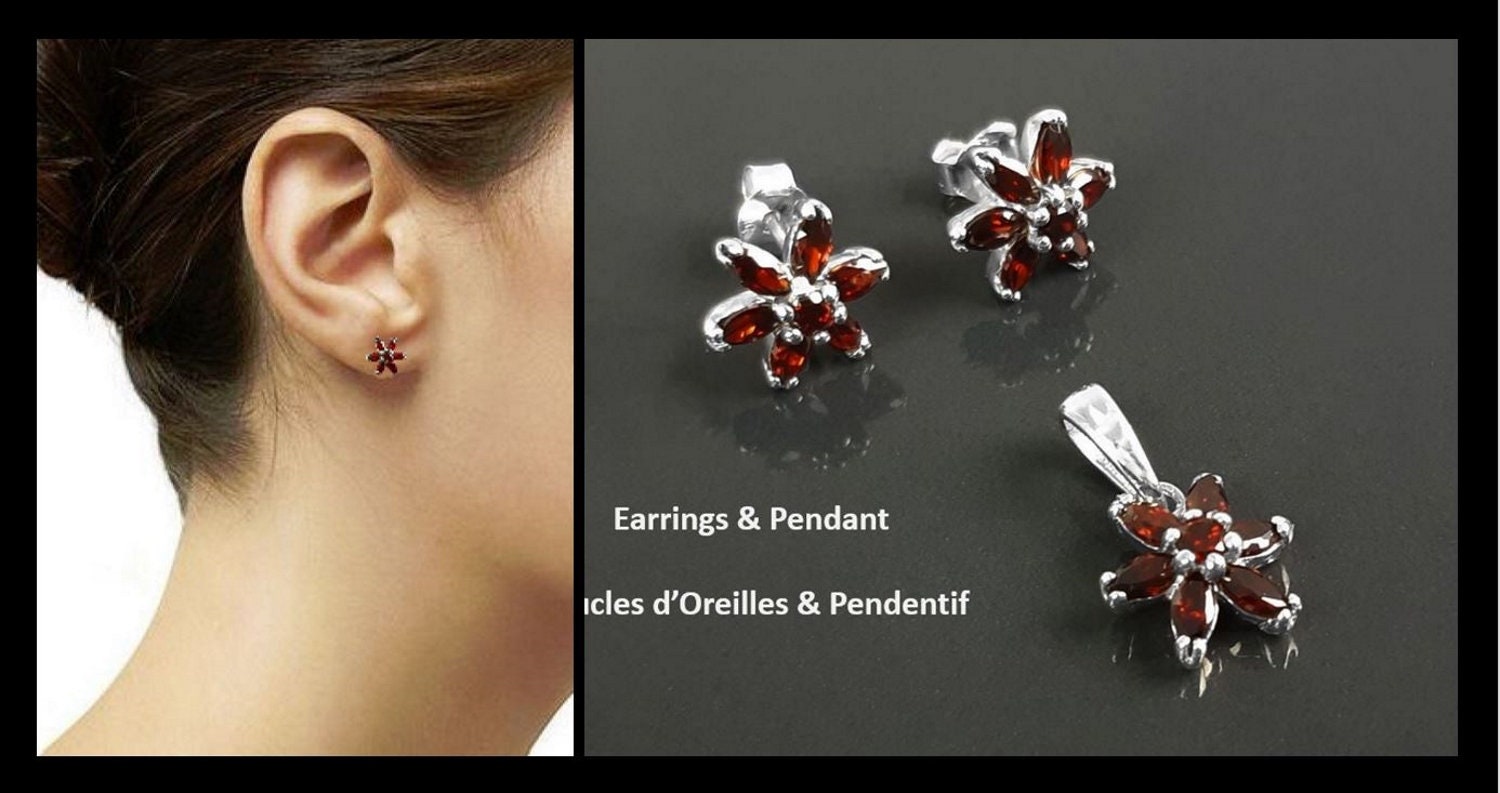 Red Flower Earrings, Sterling Silver Dainty Stud Earrings, Garnet Cubic Zircons, Tiny Floral jewelry, Gift for her