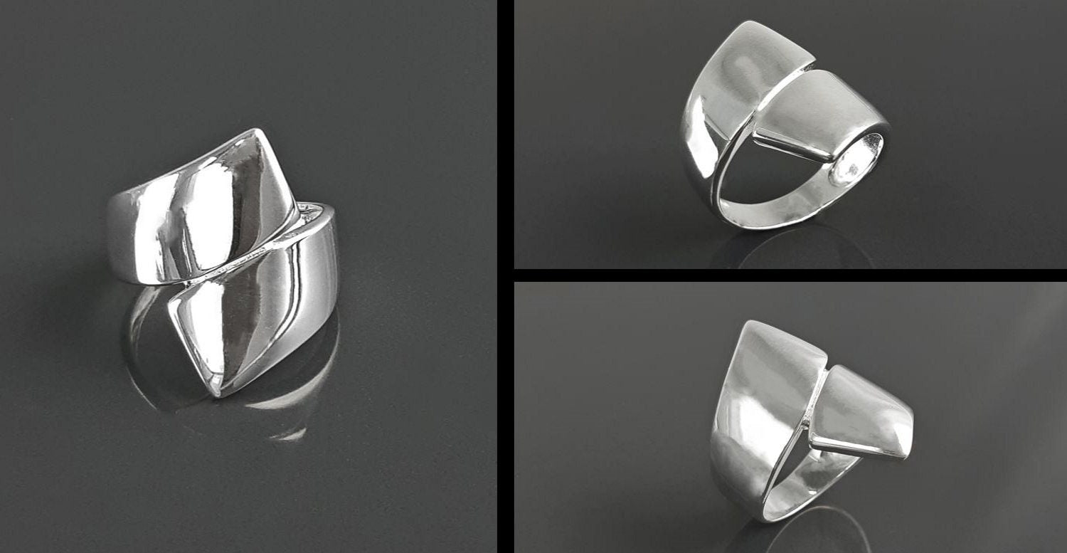 Sterling Bypass Ring, 925 Silver, Large Crossing Ring, Wrap Ring, Cross Ring, Modern Wide jewelry, Wrapping Band Ring