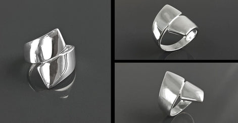 Sterling Bypass Ring, 925 Silver, Large Crossing Ring, Wrap Ring, Cross Ring, Modern Wide jewelry, Wrapping Band Ring