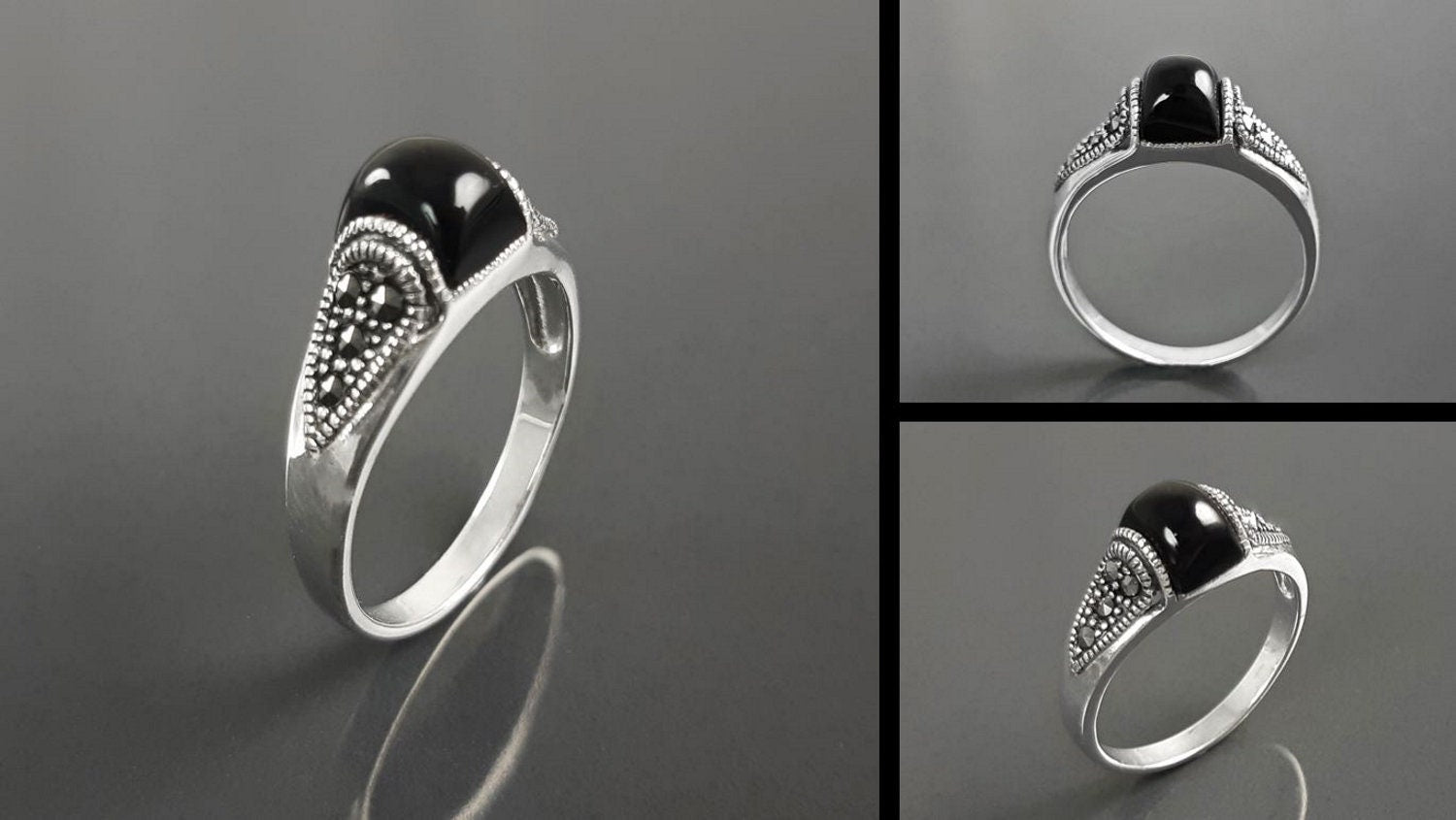 Vintage Art Deco Sterling Silver Ring, Black Onyx & Marcasite
