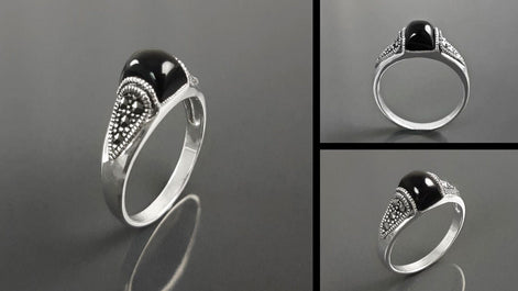 Vintage Art Deco Sterling Silver Ring, Black Onyx & Marcasite
