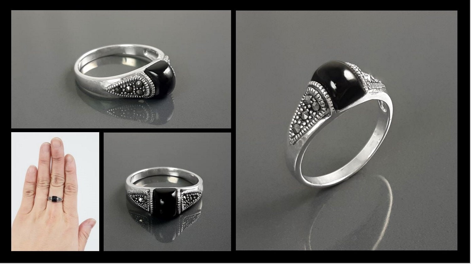 Vintage Art Deco Sterling Silver Ring, Black Onyx & Marcasite