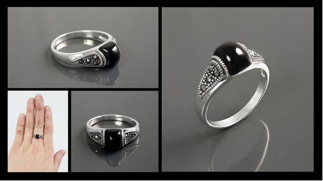 Vintage Art Deco Sterling Silver Ring, Black Onyx & Marcasite