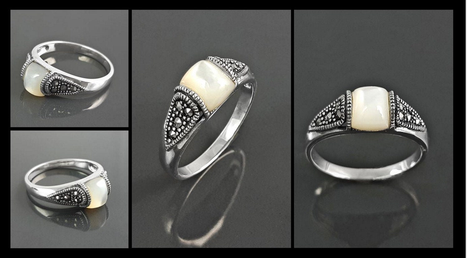 Vintage band ring, sterling silver ring with Genuine white domed Mother of pearl and marcasite stones, art-deco design style jewelry