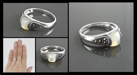 Vintage band ring, sterling silver ring with Genuine white domed Mother of pearl and marcasite stones, art-deco design style jewelry