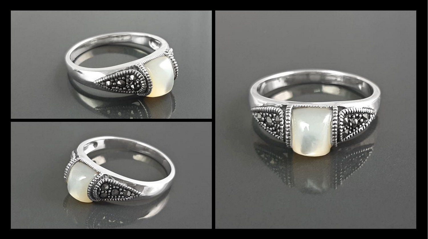 Vintage band ring, sterling silver ring with Genuine white domed Mother of pearl and marcasite stones, art-deco design style jewelry