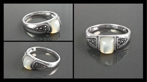 Vintage band ring, sterling silver ring with Genuine white domed Mother of pearl and marcasite stones, art-deco design style jewelry