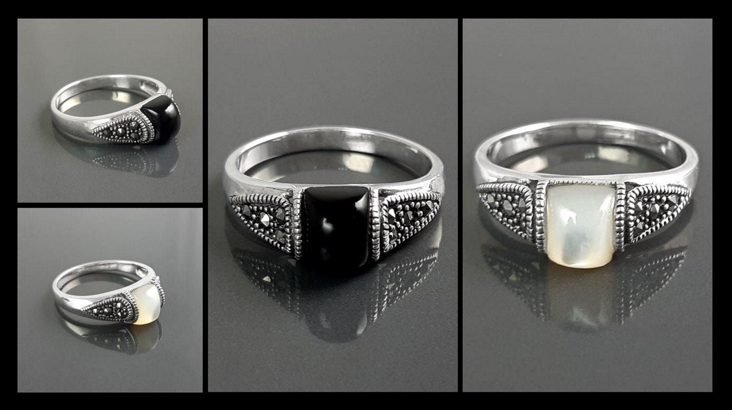 Vintage Art Deco Sterling Silver Ring, Black Onyx & Marcasite