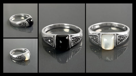 Vintage Art Deco Sterling Silver Ring, Black Onyx & Marcasite