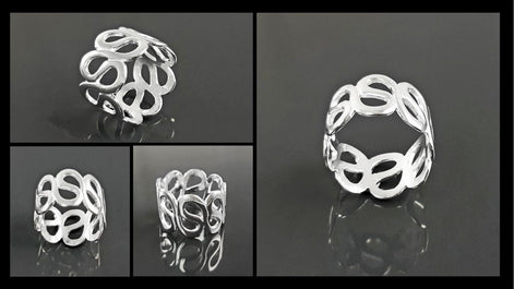 Meander Cuff Ring, Sterling Silver, Large Wave Ring, Armor Band Ring, Open Twist Ring, Greek Curved Graphic Design Jewelry