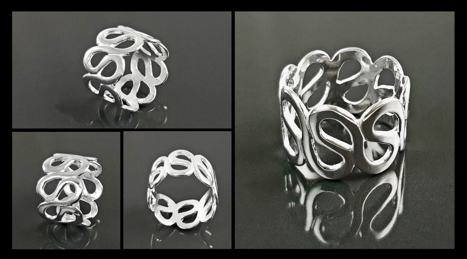 Meander Cuff Ring, Sterling Silver, Large Wave Ring, Armor Band Ring, Open Twist Ring, Greek Curved Graphic Design Jewelry