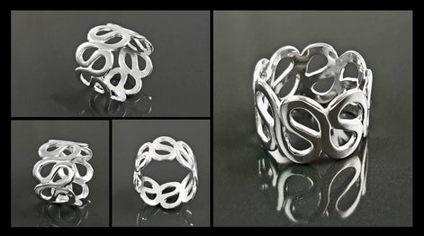 Meander Cuff Ring, Sterling Silver, Large Wave Ring, Armor Band Ring, Open Twist Ring, Greek Curved Graphic Design Jewelry