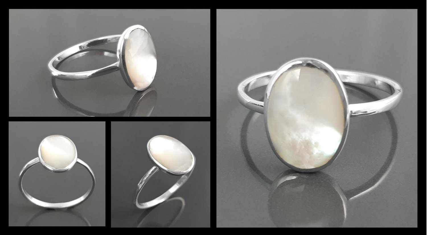 Flat Oval Ring, Sterling Silver Genuine Mother of Pearl Gemstone with Rainbow reflection, Small Everyday jewelry, Modern Minimalist Style