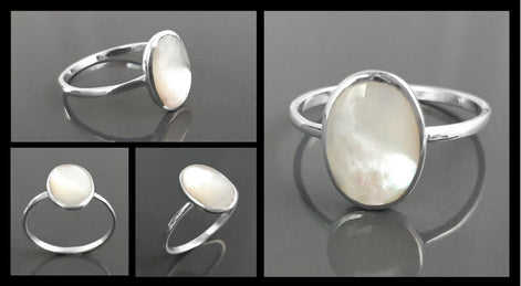 Flat Oval Ring, Sterling Silver Genuine Mother of Pearl Gemstone with Rainbow reflection, Small Everyday jewelry, Modern Minimalist Style