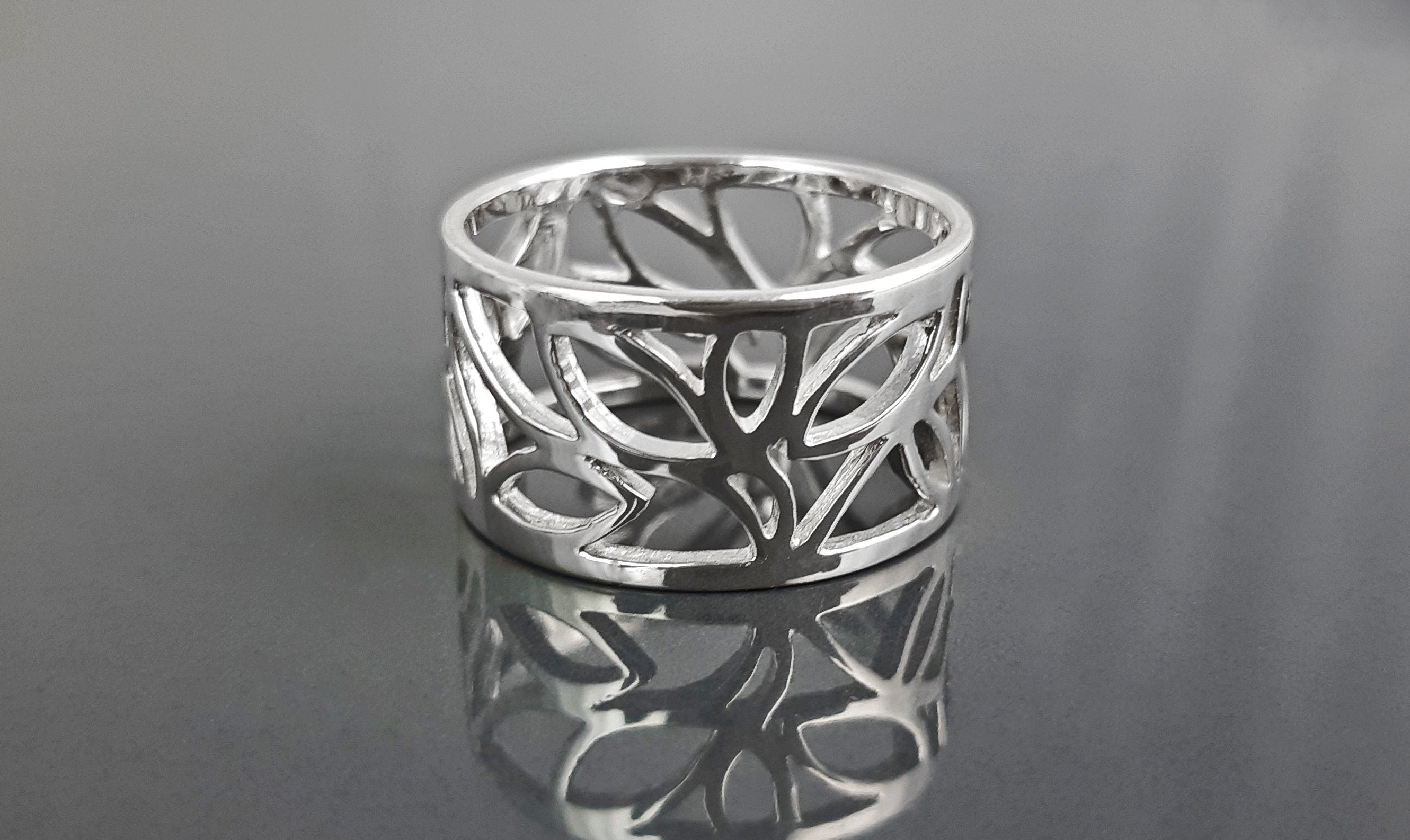 Sterling Silver Tree of Life Filigree Ring, Engraved Leaf Band Jewelry