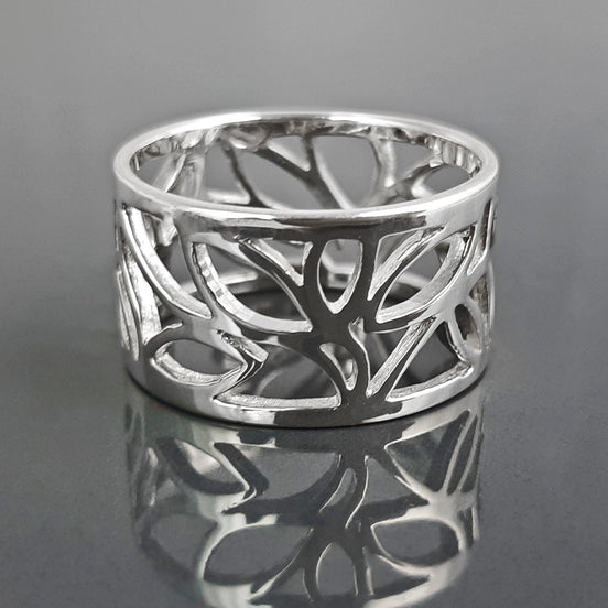Sterling Silver Tree of Life Filigree Ring, Engraved Leaf Band Jewelry