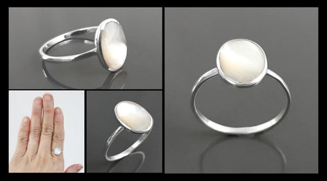 Flat Oval Ring, Sterling Silver Genuine Mother of Pearl Gemstone with Rainbow reflection, Small Everyday jewelry, Modern Minimalist Style