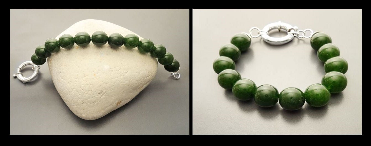 Big Green Agate Ball Bracelet, Sterling Silver Spring Clasp, Genuine Green Agate Stones Balls Beads, Gemstone Beaded 10mm Diameter Green