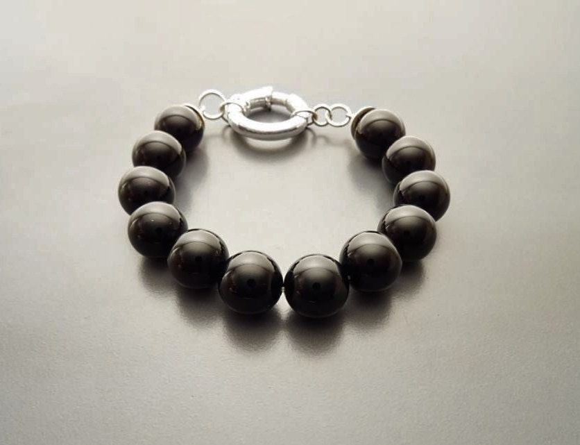Onyx Stone Bracelet - Black Onyx stones balls Bracelet - 10mm ball Beads - Sterling Silver - Spring Ring Clasp - Gemstone Beaded Bracelet