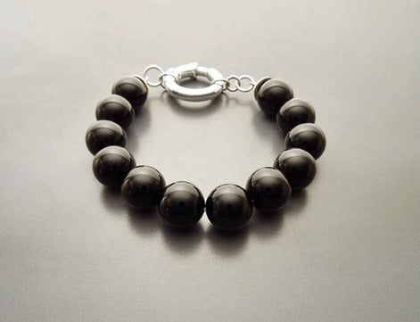 Onyx Stone Bracelet - Black Onyx stones balls Bracelet - 10mm ball Beads - Sterling Silver - Spring Ring Clasp - Gemstone Beaded Bracelet