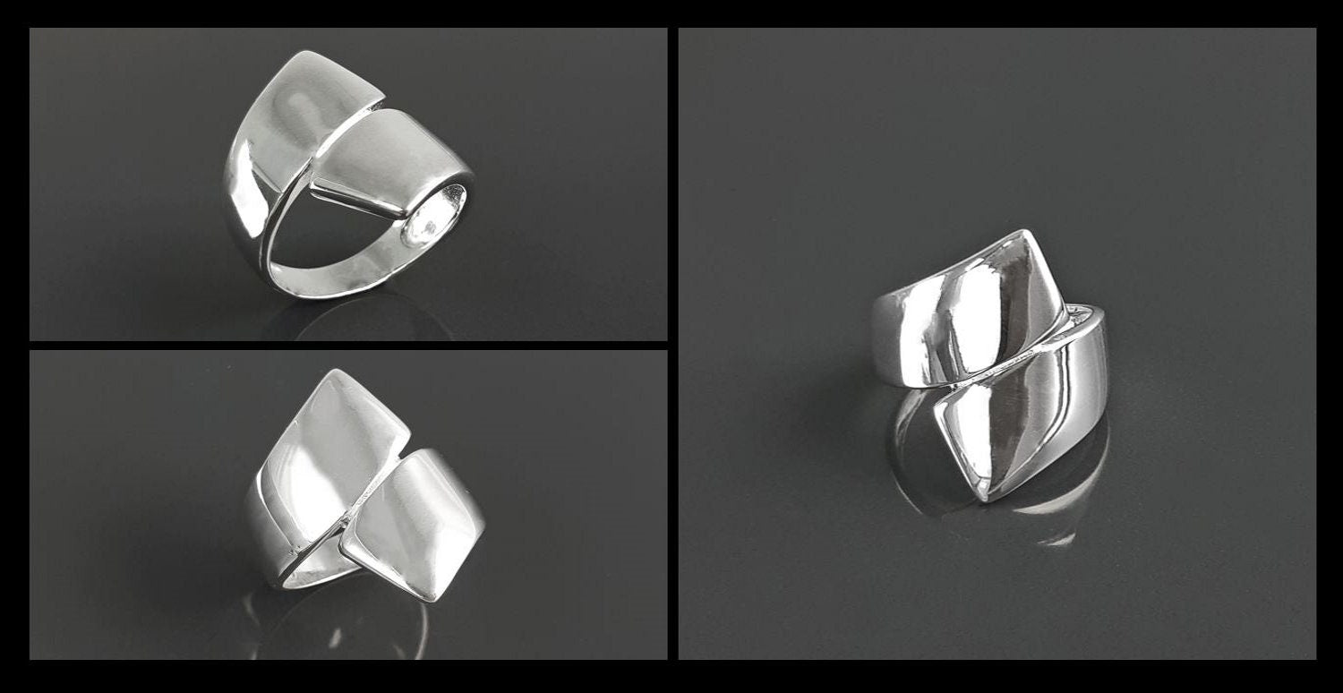 Sterling Bypass Ring, 925 Silver, Large Crossing Ring, Wrap Ring, Cross Ring, Modern Wide jewelry, Wrapping Band Ring