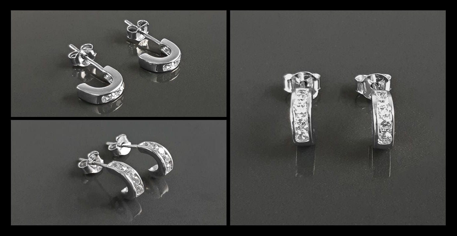 Sterling Silver Small Open Studs Hoop Earrings with Cubic Zirconia Stones