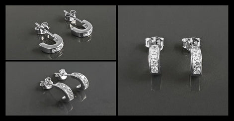 Sterling Silver Small Open Studs Hoop Earrings with Cubic Zirconia Stones
