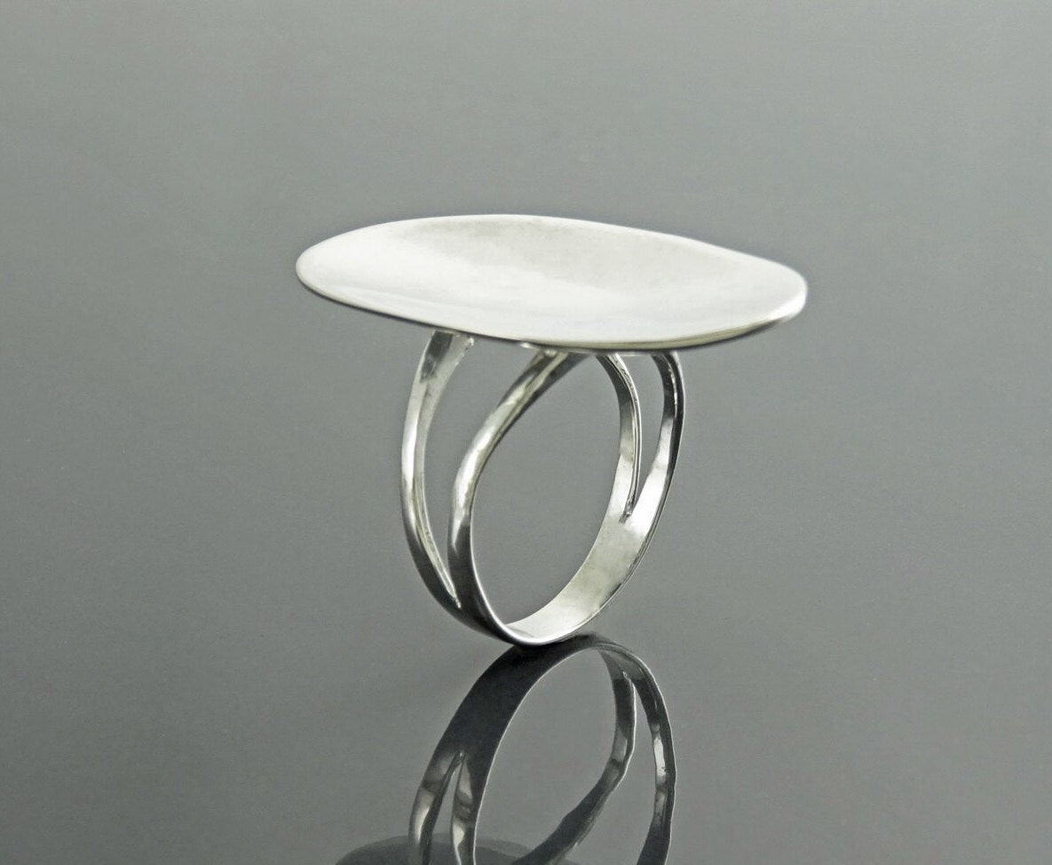 Handmade Sterling Silver Oval Ring, Polished Mirror Finish, Modern Minimalist Jewelry