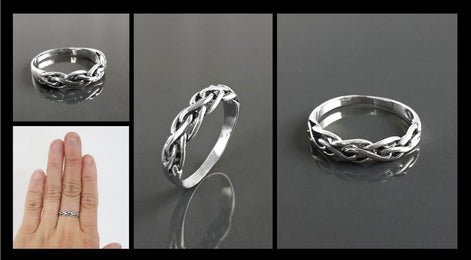 Sterling Silver Braided Viking Ring, Norse Tribal Band, Celtic Knot Jewelry