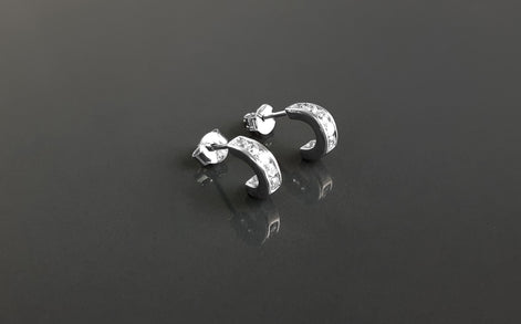 Sterling Silver Small Open Studs Hoop Earrings with Cubic Zirconia Stones