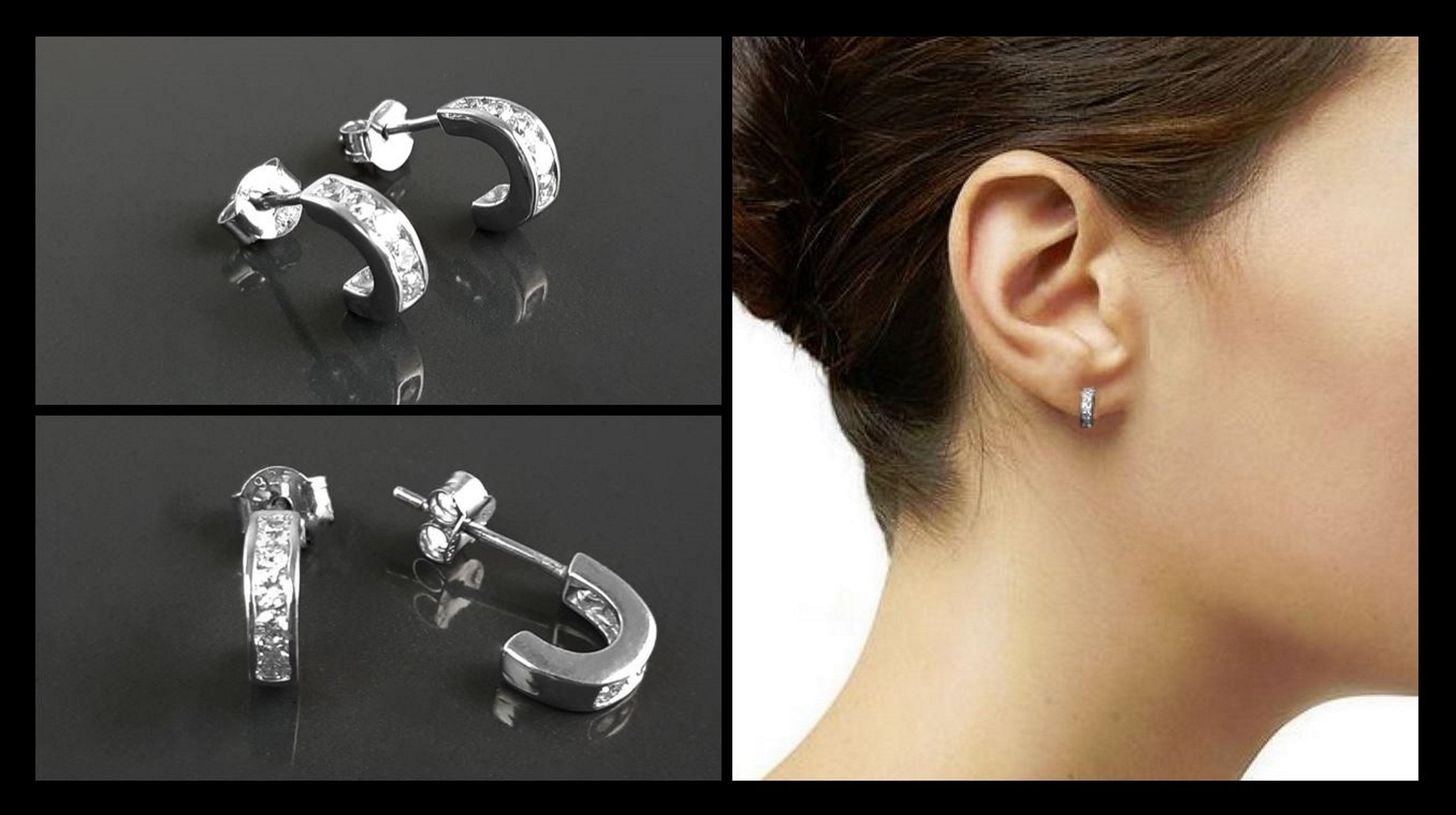 Sterling Silver Small Open Studs Hoop Earrings with Cubic Zirconia Stones
