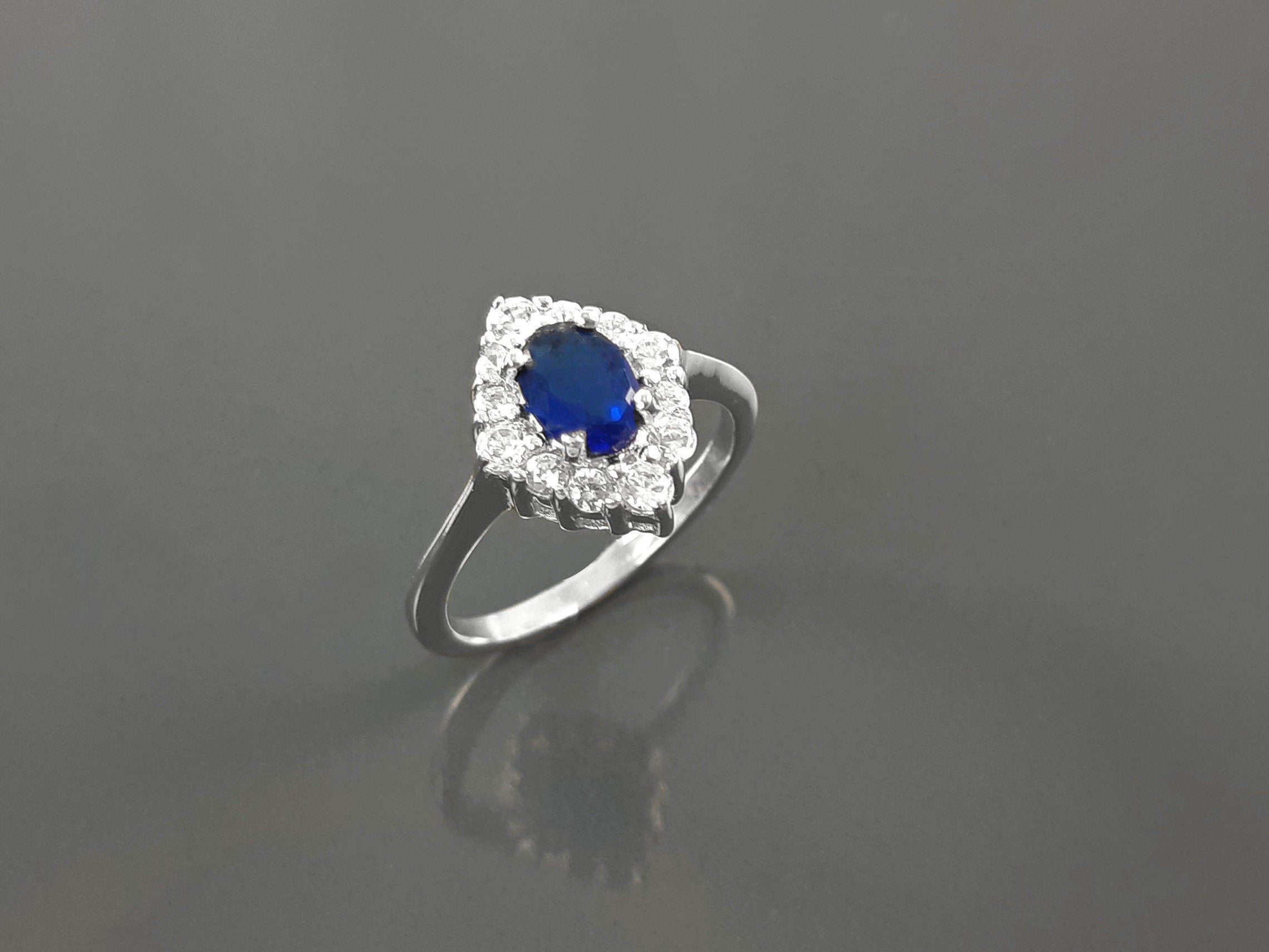 Blue Marquise Ring, Sterling Silver, Lab Diamonds simulant (CZ) and Lab Blue Sapphire simulant (CZ) Stones Ring, Classic Stone Jewelry