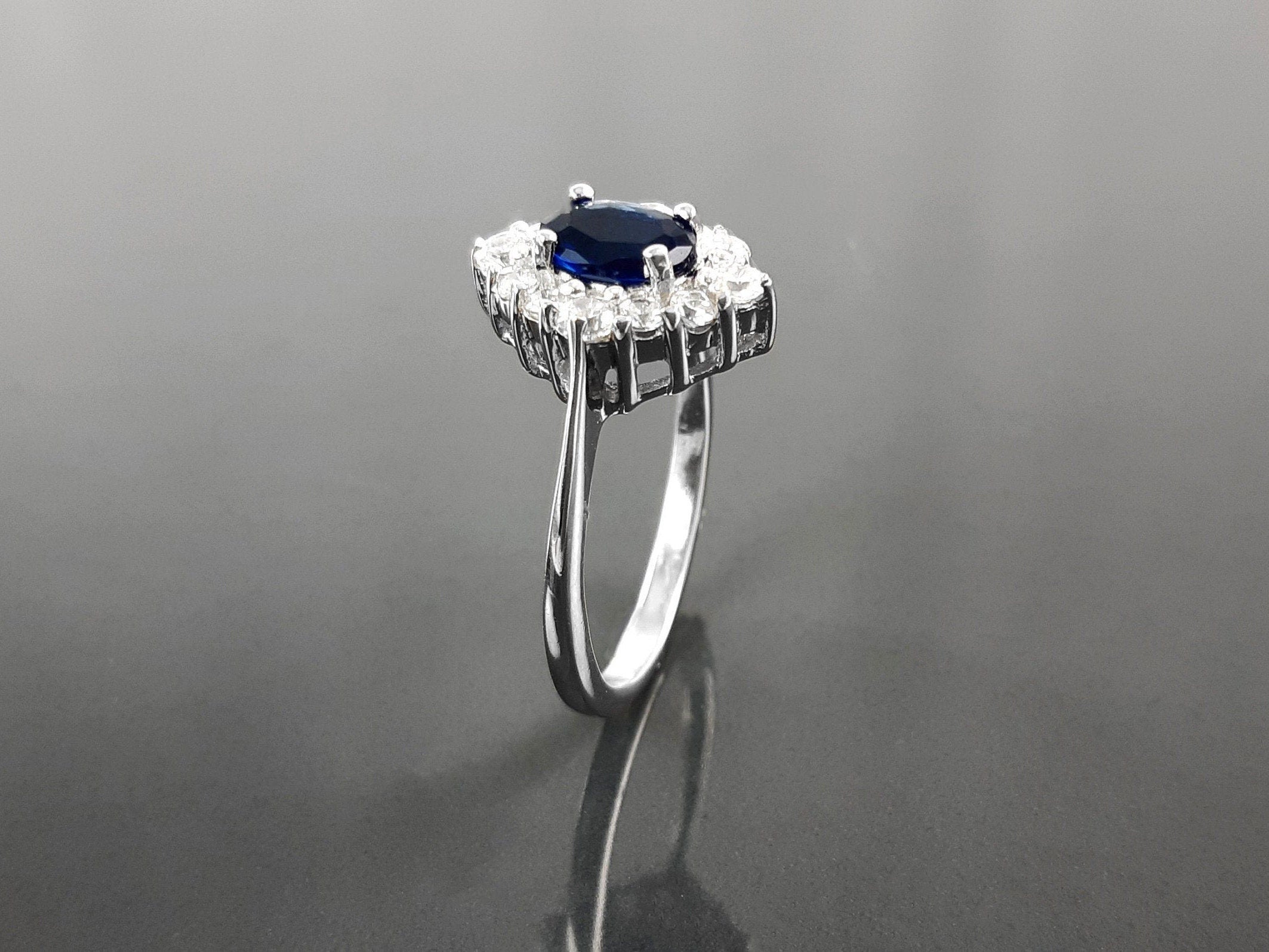 Blue Marquise Ring, Sterling Silver, Lab Diamonds simulant (CZ) and Lab Blue Sapphire simulant (CZ) Stones Ring, Classic Stone Jewelry