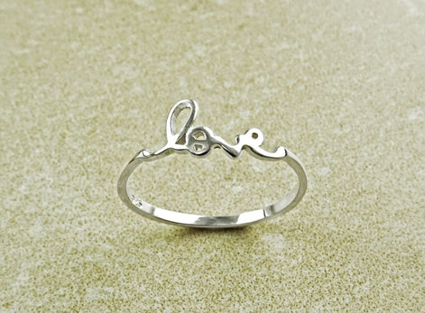 Love Ring, Sterling Ring, Dainty Engraved Writing Script Love Ring, Lovers Jewelry, Promise Ring, Thin Stackable Ring, Valentine's Day Gifts