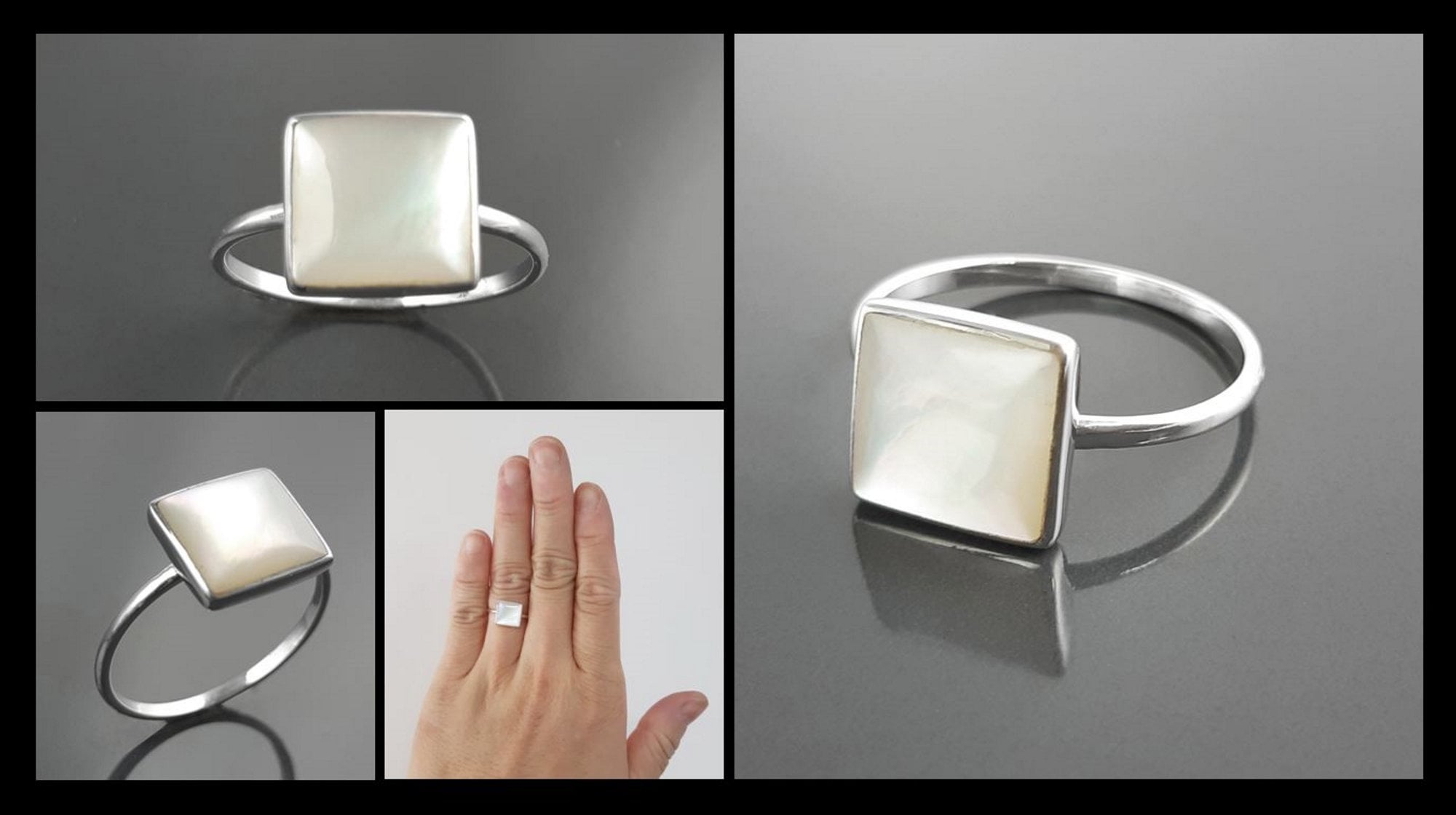 Stacking Ring Sterling 925 Square Mother of Pearl - Small Pearl Ring - Affordable Dainty Ring - MOP Ring - Unique White Stone Jewelry