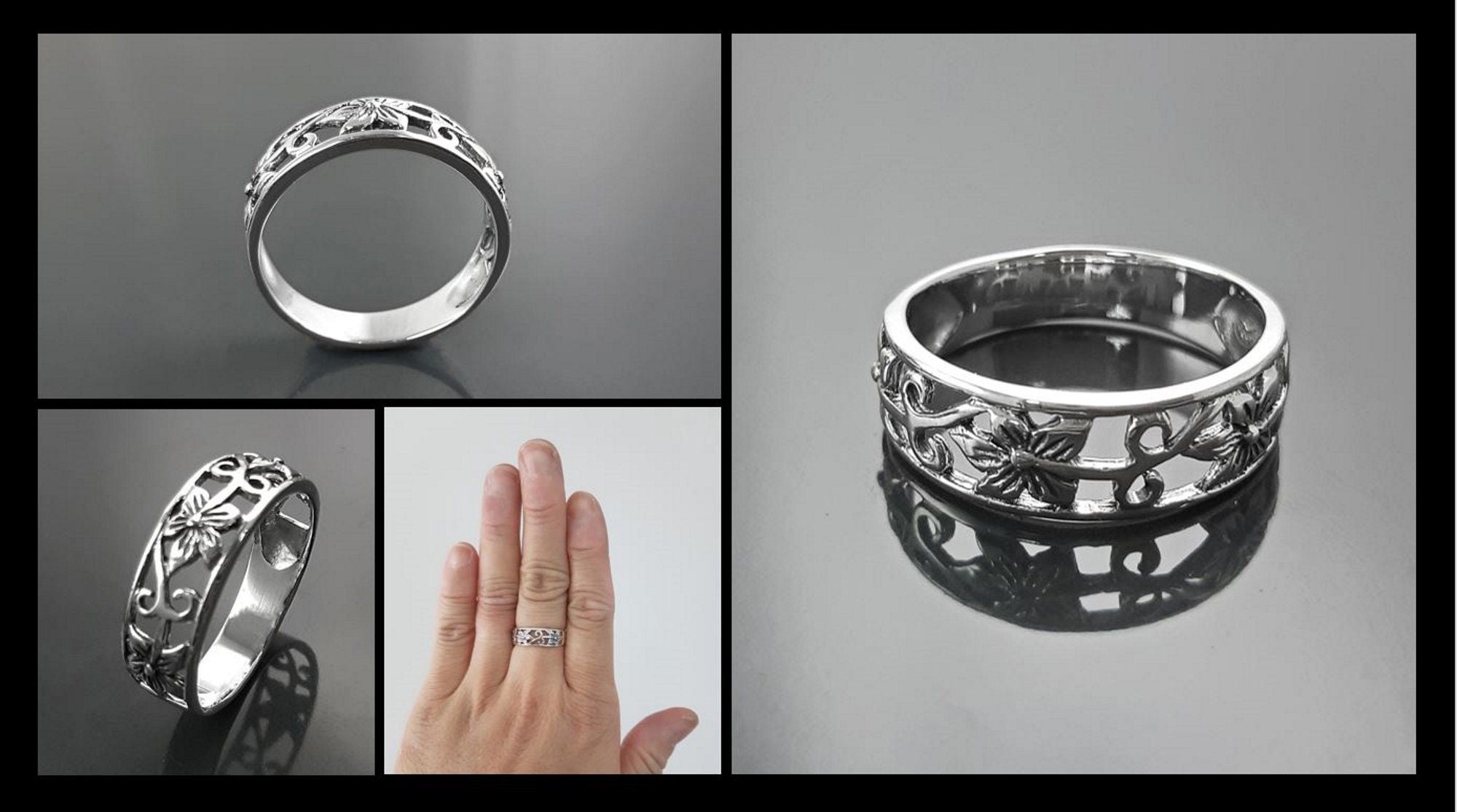 Sterling Silver Floral Blossom Ring, Boho Open Band Stacking Jewelry