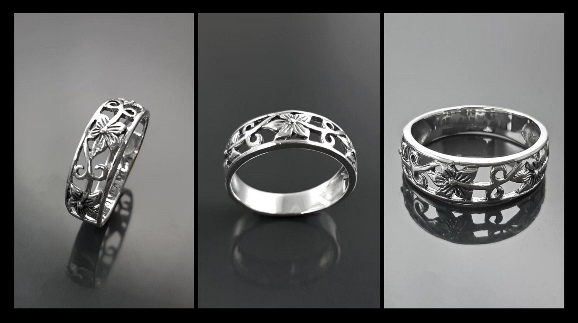 Sterling Silver Floral Blossom Ring, Boho Open Band Stacking Jewelry