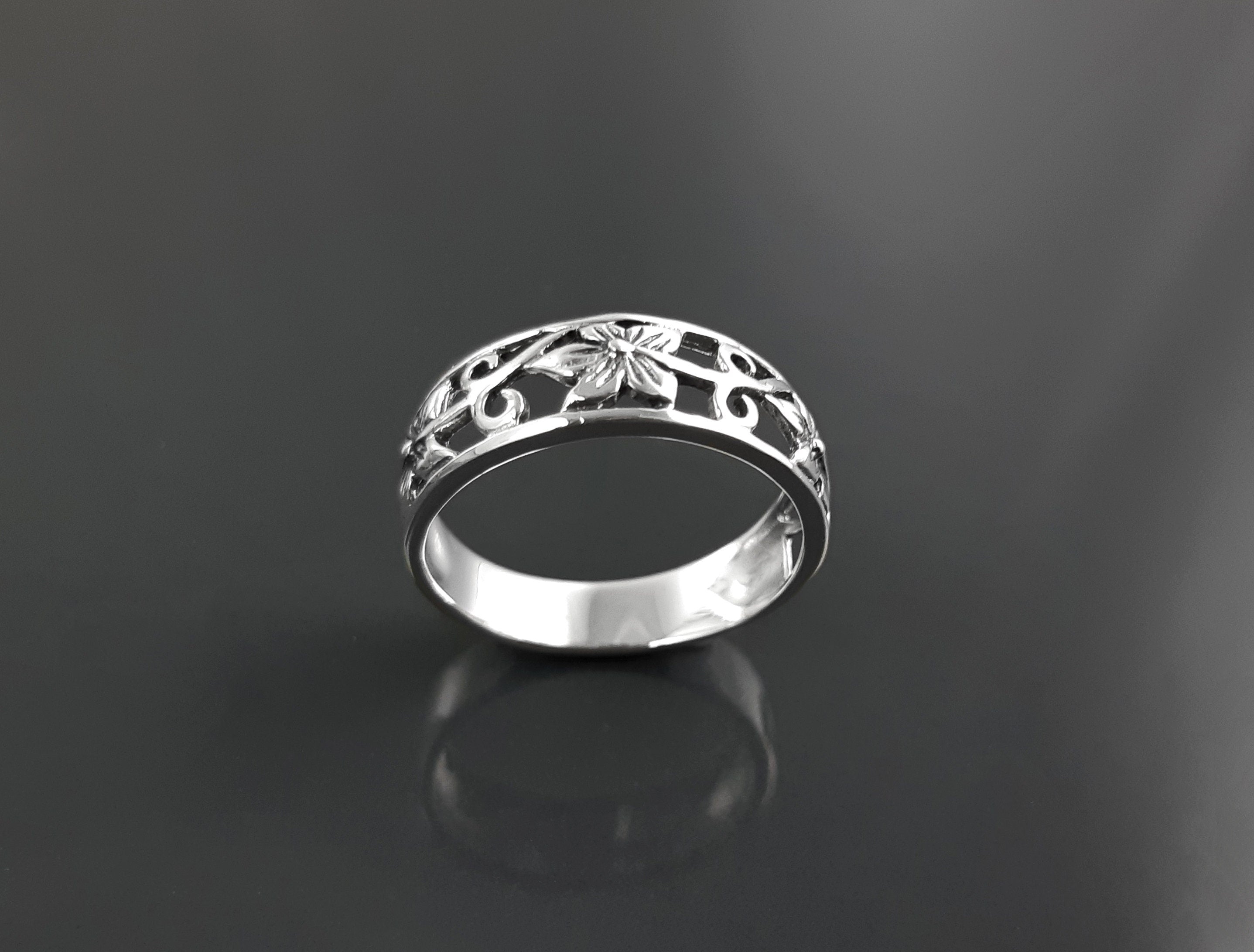 Sterling Silver Floral Blossom Ring, Boho Open Band Stacking Jewelry