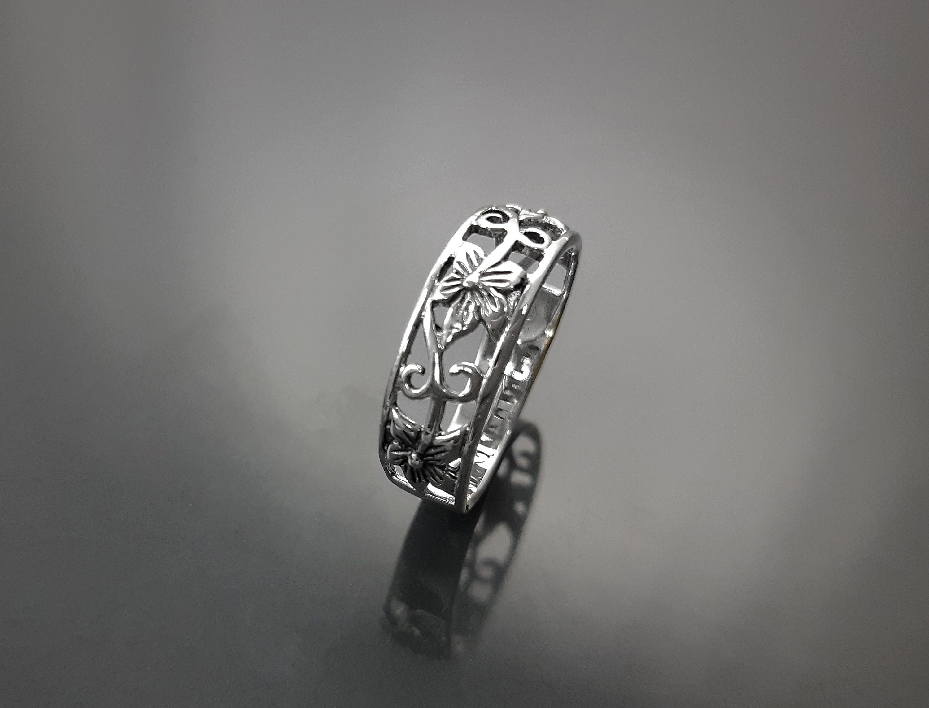 Sterling Silver Floral Blossom Ring, Boho Open Band Stacking Jewelry