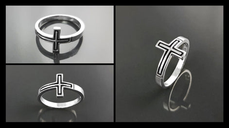 Sterling Silver Cross Ring, Sideways Crucifix, Religious Jewelry, 925
