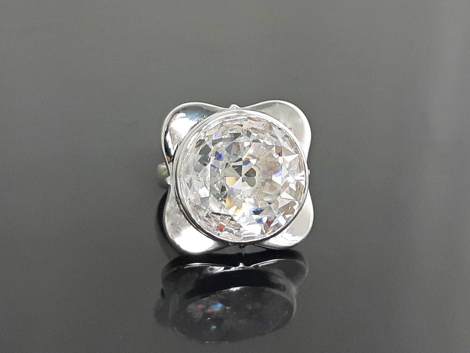 Statement Square Ring, Sterling Silver Ring, Unique Statement Silver Ring, Four-Leaf Clover Ring, set with a Majestic White, Cubic Zirconia.