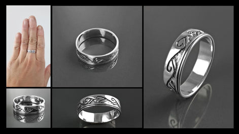 Tribal Wave Ring, Sterling Silver, Surfer Beach Band, Carved Ocean Waves Pattern, Unique Ocean Jewelry, Unisex ring