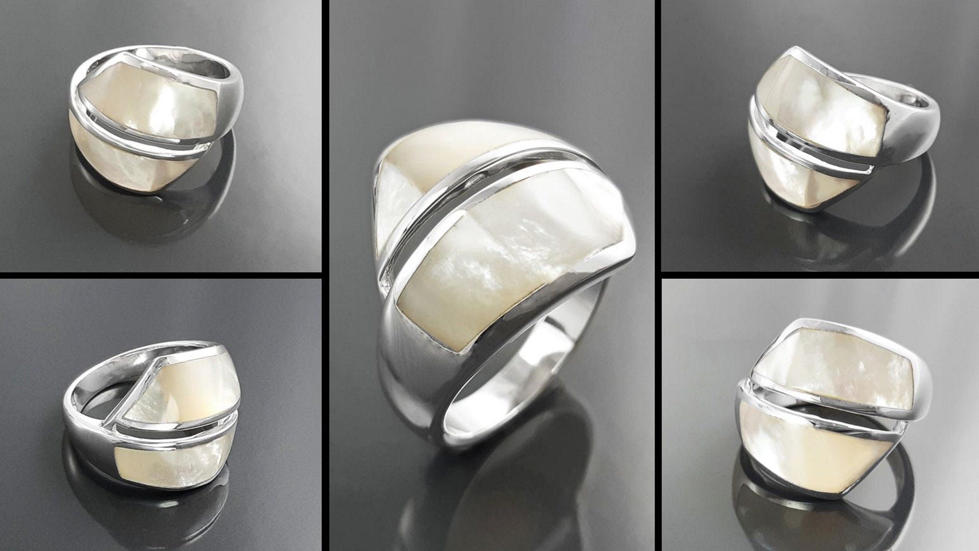 Bypass Ring, Sterling Silver, Shell Pearl Gemstone Crossing Ring, Designer, Geometric Flat Stone Ring, Square Modern Jewelry, Unique Ring