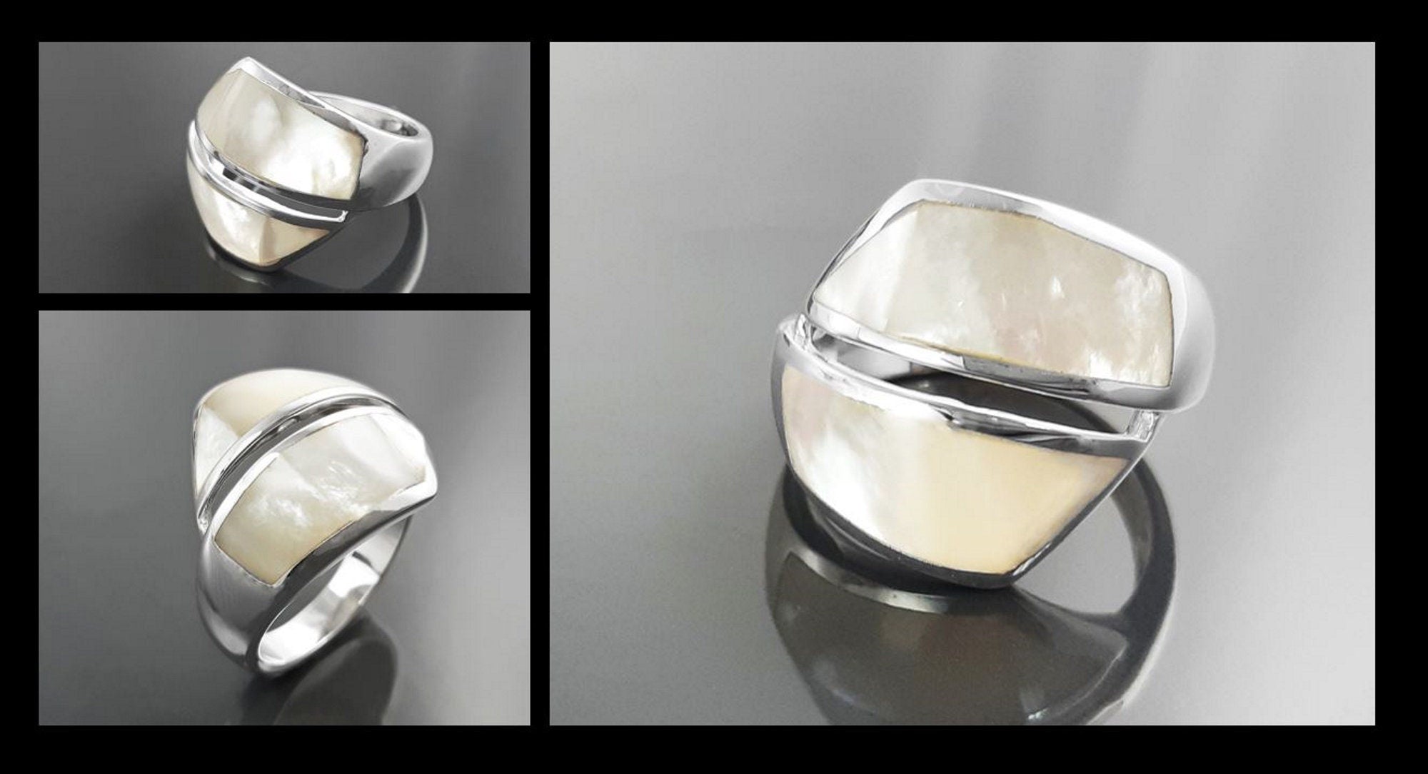 Bypass Ring, Sterling Silver, Shell Pearl Gemstone Crossing Ring, Designer, Geometric Flat Stone Ring, Square Modern Jewelry, Unique Ring