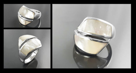 Bypass Ring, Sterling Silver, Shell Pearl Gemstone Crossing Ring, Designer, Geometric Flat Stone Ring, Square Modern Jewelry, Unique Ring