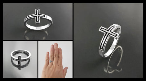 Sterling Silver Cross Ring, Sideways Crucifix, Religious Jewelry, 925