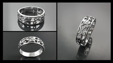Sterling Silver Floral Blossom Ring, Boho Open Band Stacking Jewelry