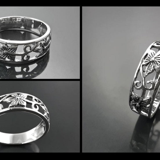Sterling Silver Floral Blossom Ring, Boho Open Band Stacking Jewelry