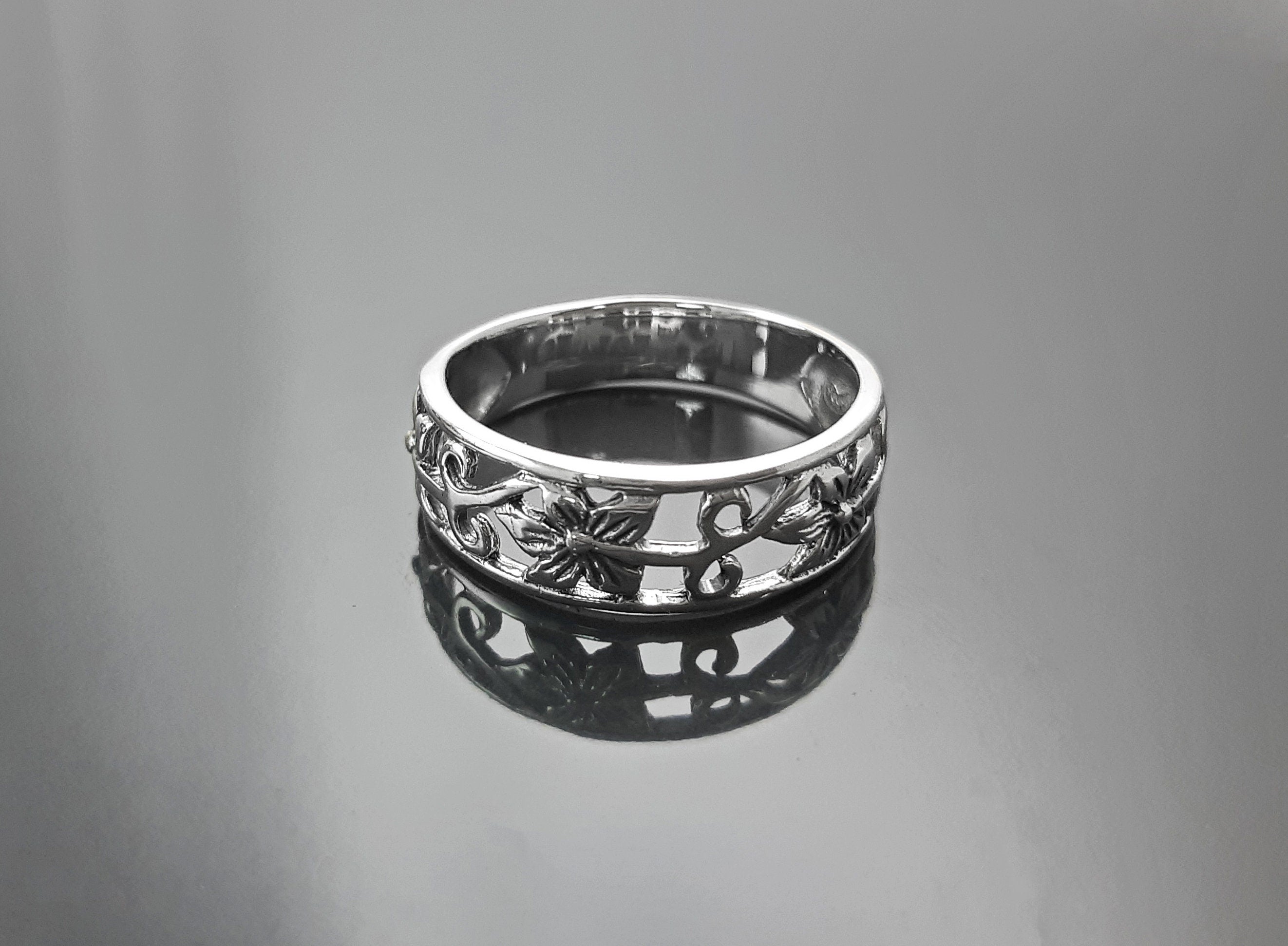Sterling Silver Floral Blossom Ring, Boho Open Band Stacking Jewelry